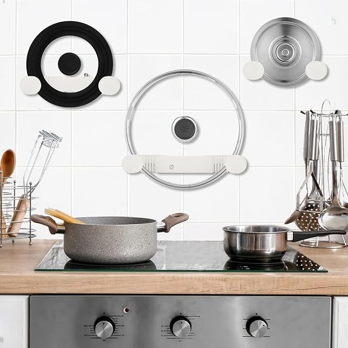 4-piece pot lid rack, pot lid storage container suitable for lids ranging from 6 inches to 14 inches, adhesive wall mounted pot lid storage, suitable for kitchen cabinets and cabinet doors (White)