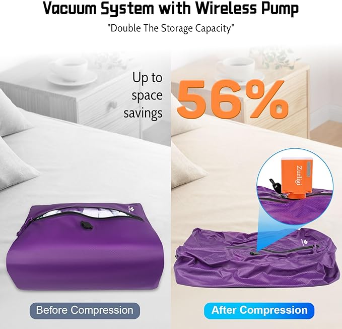 Zurligi Vacuum Bags with Pump for Travel – IPX8 Waterproof Reusable Carry-On Compression Bags for Clothes, Suitcase & Luggage(1-Pack, Purple)