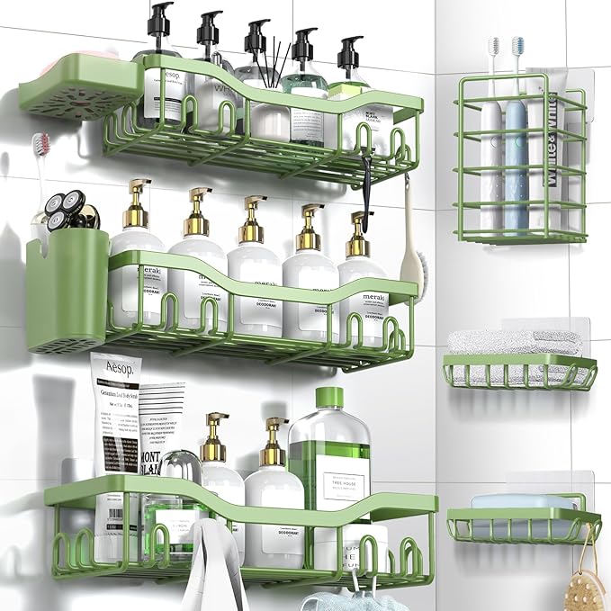 Shower Caddy Adhesive Shower Organizer 8-Pack, Rustproof Stainless Steel Bathroom Shelves, Large Capacity No-Drill Rack Storage Accessories with Soap Dish Toothbrush Holder Hooks