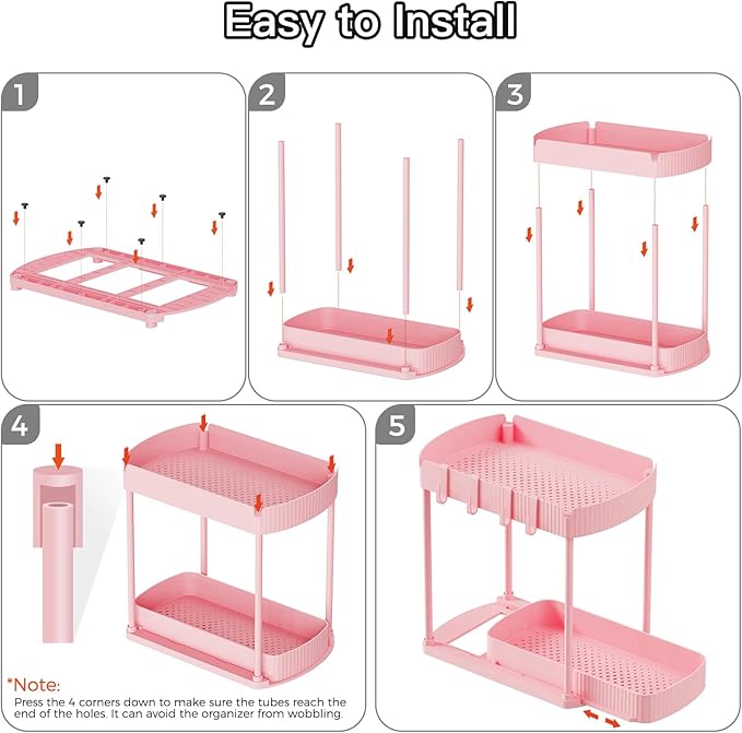Ukeetap 2 Pack Multi-Purpose Pull-Out Storage Organizers, Under Sink & Cabinet Organizers, 12.8 Inch Pink