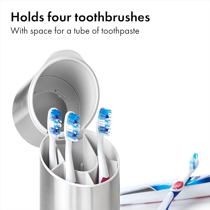 OXO Good Grips Stainless Steel Toothbrush Organizer, Bathroom Organizer and Storage, Toothbrush Holder for Countertop, Sleek Modern Bathroom Accessories