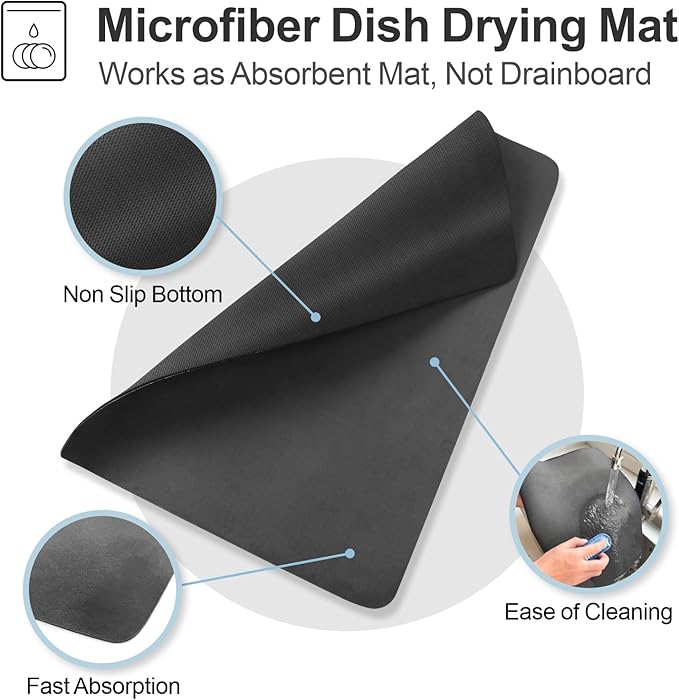 GSlife Family Size Large Capacity Expandable Dish Drying Rack with Absorbent Mat, Rust Resistant Dish Drainer for Plates Bowls Pots and Pans, 16.5"-21.3" L x 14.7" W, Black