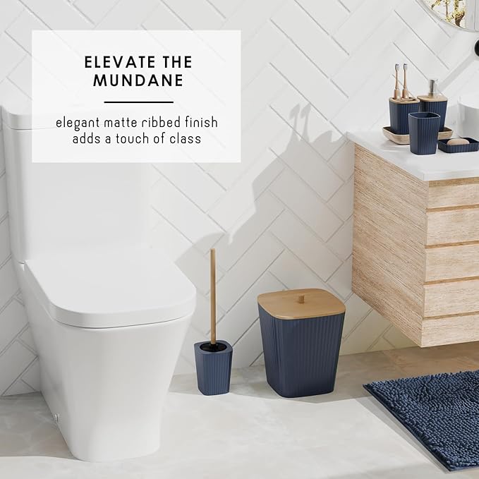 Clara Clark Bathroom Set - Navy Blue Bathroom Accessories Set, 6PC Bathroom Accessory Set, Bathroom Sets with Bathroom Rugs, Toilet Brush, Trash Can & Soap Dispenser