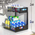 Housolution 1 Pack Large Under Sink Organizer, 2 Tier Metal Pull Out Under Sink Storage with Sliding Mesh Drawers, Height Adjustable Slide Out Under Cabinet Organizer for Kitchen Bathroom, Black