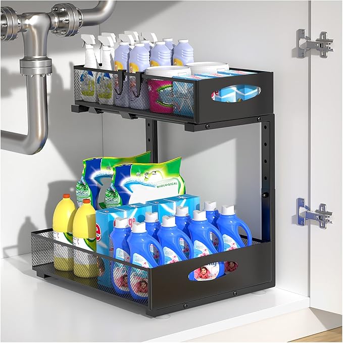 Housolution 1 Pack Large Under Sink Organizer, 2 Tier Metal Pull Out Under Sink Storage with Sliding Mesh Drawers, Height Adjustable Slide Out Under Cabinet Organizer for Kitchen Bathroom, Black