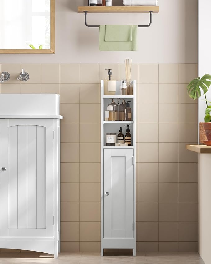 VASAGLE Small Storage Corner Floor Cabinet with Door, 7.9 x 7.1 x 36.2 Inches, Narrow Toilet Paper Storage Holder, Adjustable Shelves, for Bathroom, Living Room, Small Spaces, Cloud White UBBC311W01