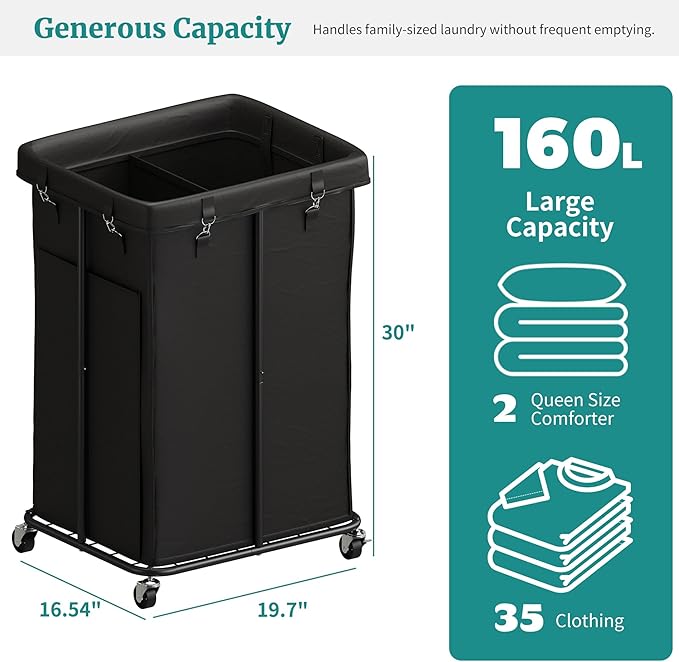 Laundry Hamper with Wheels, Rolling Laundry Basket with Metal Frame and Removable Bag, Double Laundry Hamper 2 Section, Large & Tall Dirty Clothes Hampers for Bedroom Aesthetic, Laundry Room, Bathroom