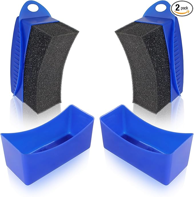 2Pcs Tire Dressing Applicators,Tire Shine Applicator Pads,Reusable Tire Dressing Sponge Pad Car Tire Applicator Pads with Lid for Car Glass, Painted Steel & Porcelain (Blue, Curved