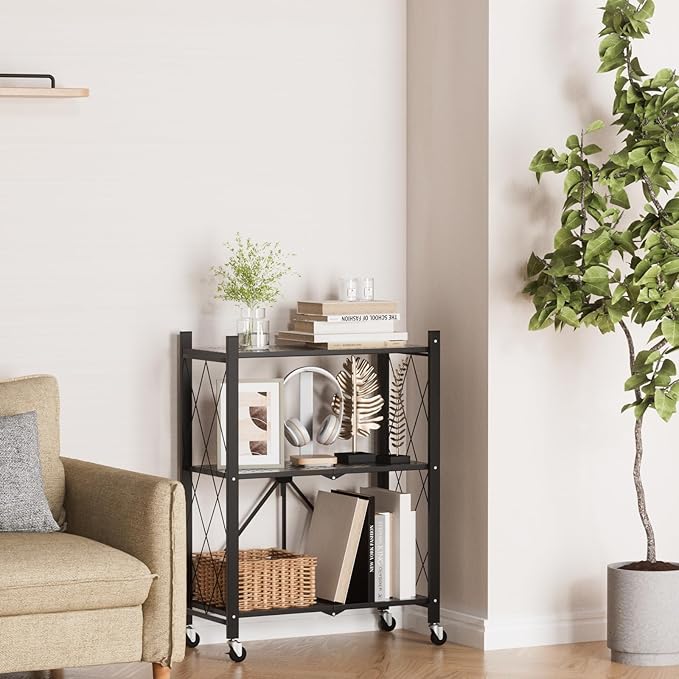 ALANNG 3 Tier Storage Shelves on Wheels, No Assembly Metal Folding Shelf Heavy Duty, Black | Colorful | Rolling | Collapsible | Rack Unit | for Living Room Office | 13.4" D x 28" W x 35.4" H