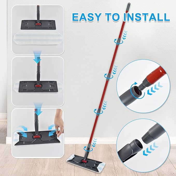 Mop Replacement Pads for Ocedar H2prO Flat Mop System, Mop Handle Mop Refills for O-Cedar H2pro Flat Mop System, Include 4 Pack Mop Pads and 4-Section Mop Handle for Ocedar H2 Pro Mop