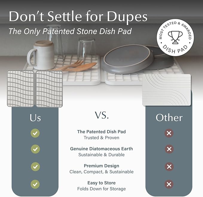 Dorai Home Large Dish Pad – 40% More Drying Space, Eco-Friendly Quick-Drying Stone Mat for Kitchen, 24.6" x 16.5", Sandstone