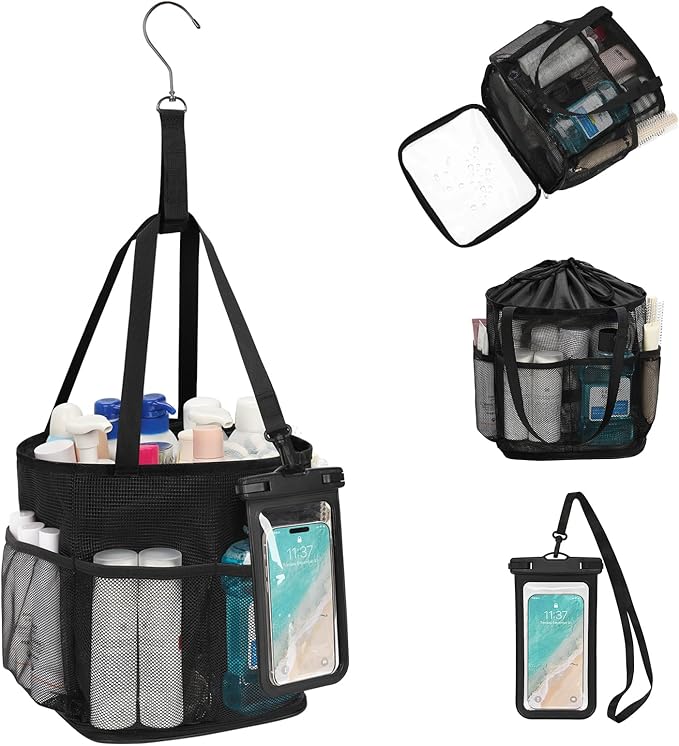 Hanging Shower Caddy, Mesh Shower Caddy Portable with Waterproof Phone Pouch for College Dorm Room Essentials, Large Capacity Shower Bag Basket with 7Pockets for Bathroom, Gym, Camping, Swiming, Beach