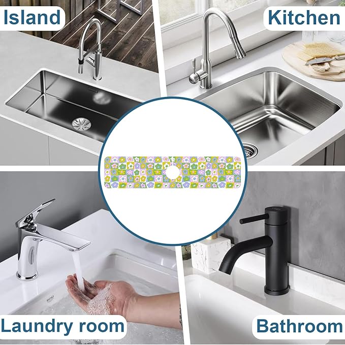 Cute Flowers Sink Splash Guard Retro Floral Faucet Absorbing Mat Fast Drying Mat Sink Gadgets Splash Guard Behind Faucet Drip Catcher for Kitchen Bathroom, 23.5"x5.5"