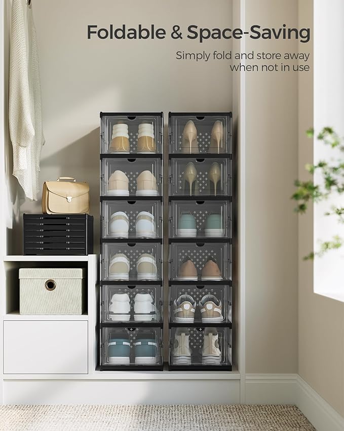 SONGMICS Foldable Shoe Boxes, Pack of 12 Stackable Shoe Storage Organizer, Set of 2 Integraed Shoe Cabinets, Portable, Fit up to US Size 13, 60s Assembly, Transparent and Ink Black ULSP206B01