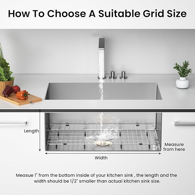 Stainless Steel Sink Grid and Protectors for Bottom of Kitchen Sink, 26" X 14 1/16" Sink Bottom Grid with Rear Drain for Single Sink Bowl (26" X 14 1/16")