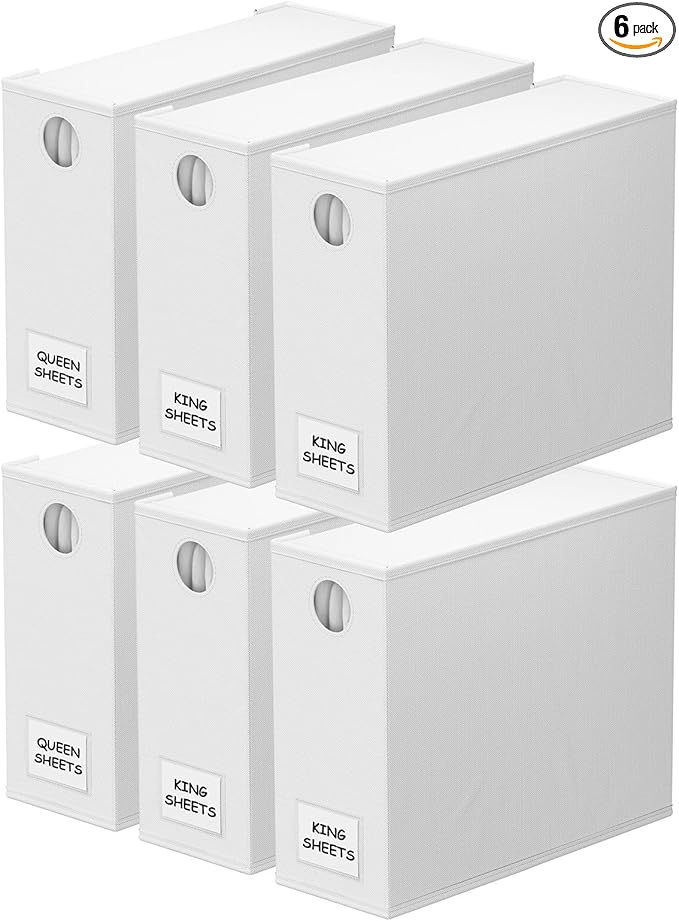 SpaceAid 6 Pack Bed Sheet Organizers and Storage, Foldable Sheet Organizer for Linen Closet, Sheets Set Folder Keeper with Window XL (Queen & King Size) Bedding Container, (White, 6 Pack)
