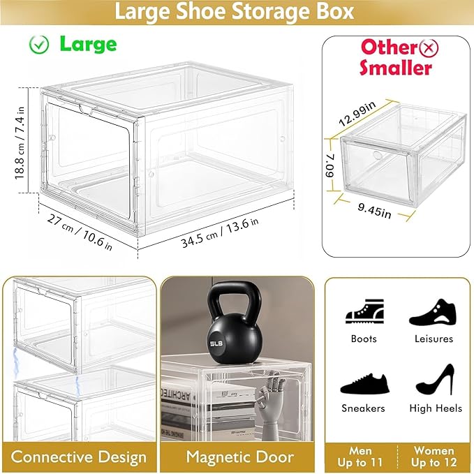 Clear Shoe Storage Boxes Stackable – Acrylic Shoe Box Organizer with Drop Front, Thicken & Sturdy Shoe Boxes for Kids Shoe Storage, Assemble Shoe Drawer Organizer, 5 Pack