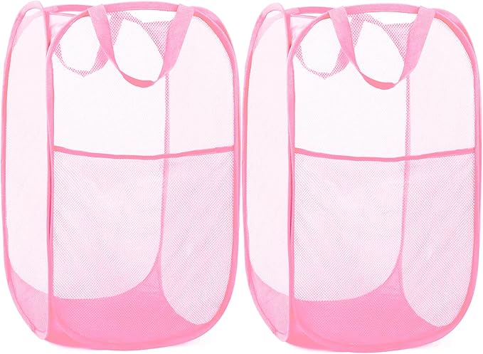 2 Pack Durable Collapsible Laundry Baskets - Reinforced Mesh Pop Up Laundry Hamper with Pocket, Foldable Dirty Clothes Hamper with Carry Handles for Laundry, Bathroom, Kids Room, Dorm or Travel Pink