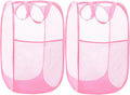 2 Pack Durable Collapsible Laundry Baskets - Reinforced Mesh Pop Up Laundry Hamper with Pocket, Foldable Dirty Clothes Hamper with Carry Handles for Laundry, Bathroom, Kids Room, Dorm or Travel Pink