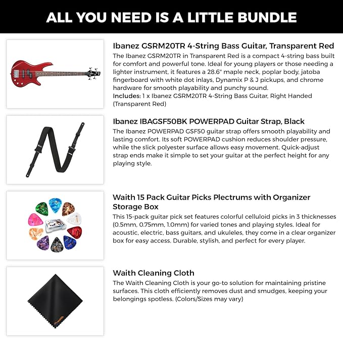 Ibanez GSRM20 4-String Bass Guitar (Transparent Red) - Right Handed Poplar Body Bass with GSF50 Powerpad Strap, 15 Pack Guitar Picks with Storage Box & Microfiber Cleaning Cloth (Bundle Set)
