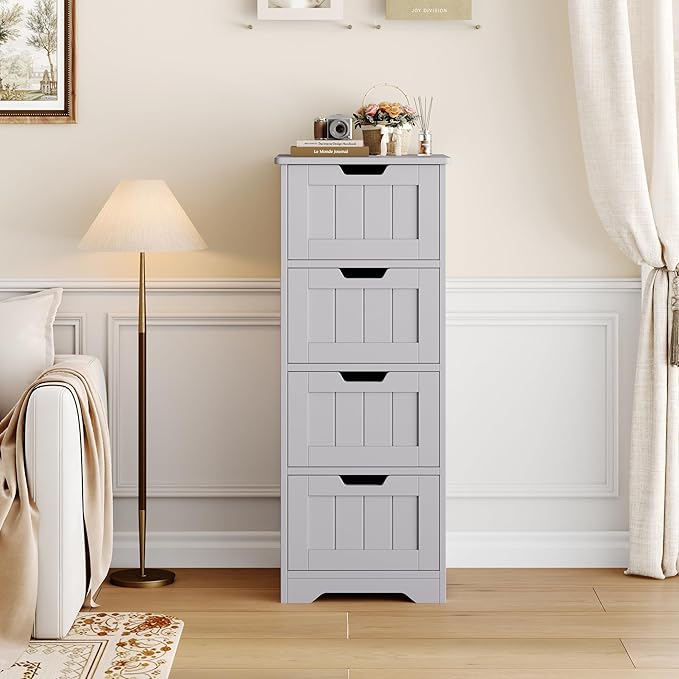 FOTOSOK Bathroom Storage Cabinet, Bathroom Cabinet with 4 Drawers, 11.8” x 11.8” x 32.5” Freestanding Entryway Cupboard Storage Organizer Unit Home Furniture Decor, Grey