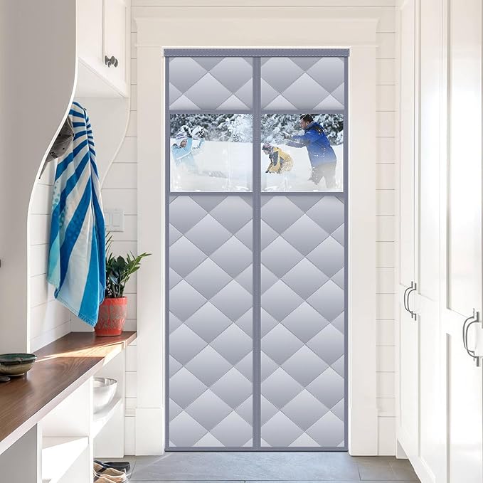 Magnetic Thermal Insulated Door Curtain with Detachable Visible Windows, Thicken Polyester Fiberfill & Durable Oxford Fabric, Hands Free Windproof Door Screen