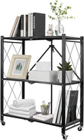 3-Tier Foldable Storage Shelf with Wheels, Metal Collapsible Shelving Unit, Rolling Utility Cart for Kitchen Pantry Closet Office, Pre-Assembled Storage Rack Organizer