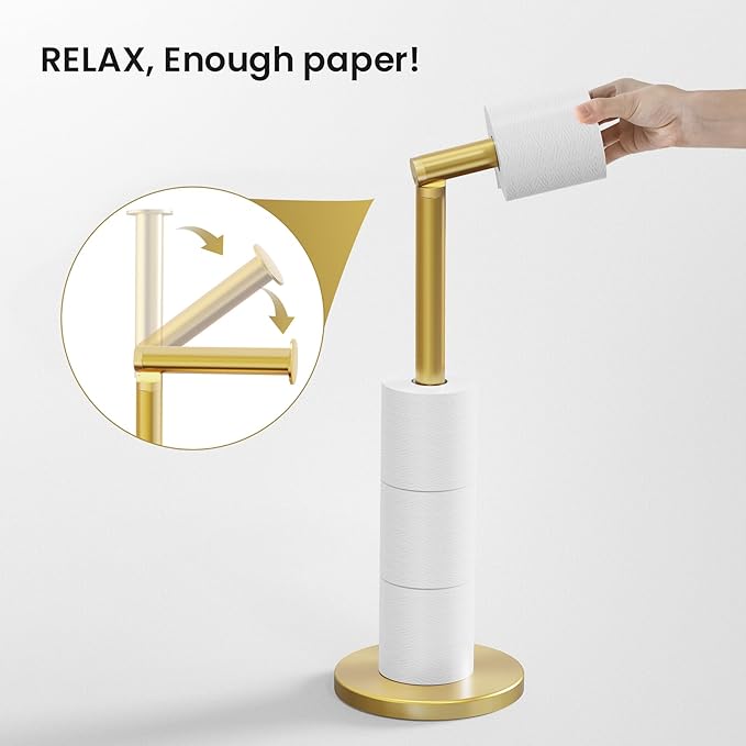 Cesun Toilet Paper Holder Stand Free Standing, Gold Toilet Paper Storage with Heavy Weighted Base, Bathroom Stainless Steel Toilet Paper Roll Holder, Non-Slip, Gold