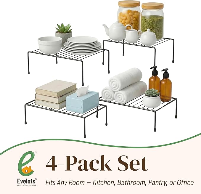 Evelots Kitchen Cabinet Wire Shelf Organizer/Rack - 4 Pack Sturdy Large Metal Shelf Risers - Double Your Counter Space - Great for Kitchen, Freezer, Pantry and Bathroom - Rustproof - Black