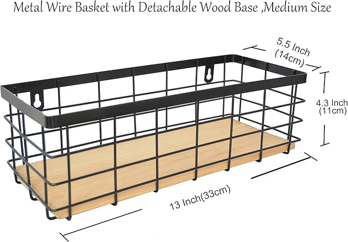 Metal Wire Basket Detachable Wood Base Storage Organizer Farmhouse Hanging Basket for Kitchen Cabinets, Bathroom, Pantry, Laundry Room,1 Pack in Black Color,Medium Size