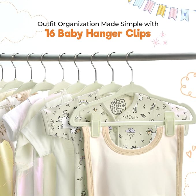 Velvet Baby Hangers with Clips (30 Pack) | 11” Ultra-Slim Baby Clothes Hangers | Non-Slip Felt | Space-Saving Nursery & Infant Closet Organizer | Beige