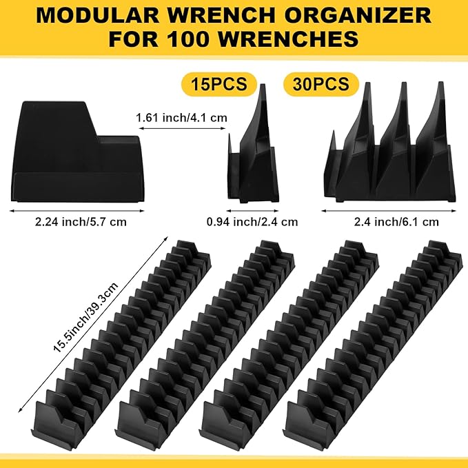 Chunful 100 pcs Modular Wrench Organizer Holder Wrench Tool Organizers Storage Racks Set with Metric & SAE Label for Tool Box Drawer Storage for Father Brother Professional Mechanics Men (Black)