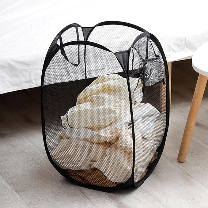 2pcs Pop Up Mesh Laundry Hamper Room Collapsible Storage Bin Lightweight Basket For College Dorm Home Travel Camping (Black & White)