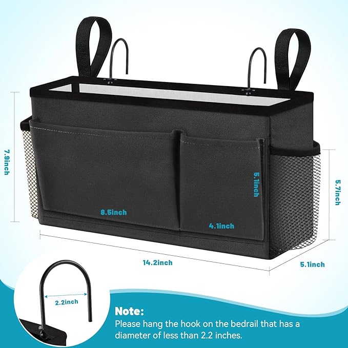 BlissTotes Bedside Caddy, Bedside Storage Organizer for Bunk Bed Accessories, Dorm Storage for Bedside Shelf and Bunk Bed Shelf, Bed Caddy for Home, Dorm, Bunk (Dark Gray, 2 Pack)