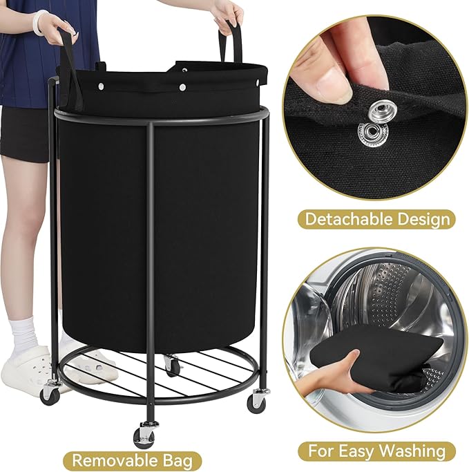 Chrislley 160L Double Laundry Hamper with Wheels, Rolling Laundry Basket with Removable Bag,Round Iron Laundry Cart with Steel Frame and Handle, Dirty Clothes Hamper Organizer for Dorm,Hoom(Black)