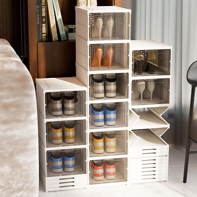 YIIHAA 6 Tier Shoe Rack Shoe Storage Box Size up to 14, No Assembly Stackable with Clear Door, Free Standing Shoe Shelf Cabinet with Lid, Plastic Shoe Rack (Whtie)