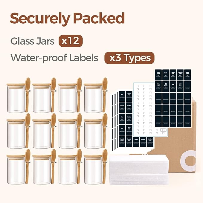 ComSaf 12 Pcs Glass Spice Jars and Spoons, 8oz Glass Containers with Bamboo Lids, Storage Containers with Airtight Lids with 275 Labels for Seasonings, Salt, Loose Leaf Tea Storage
