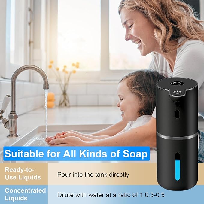Automatic Liquid Soap Dispenser Touchless, USB Rechargeable Smart Hand Soap Dispenser, 6-Level Adjustable, 12.8oz/380mL, Compatible with Thick Thin Dish Soap for Bathroom Kitchen-Black