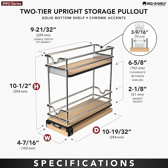 Rev-A-Shelf 5" Pullout Organizer for Cabinets, Two-Tier & Single-Wide Upright Sliding Storage for Kitchen Shelf, 5WU2-5W1-1