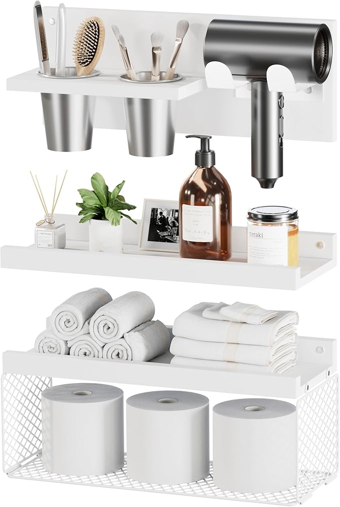 Puricon Floating Bathroom Shelves with Hair Dryer Holder, 3-Tier Rustic Wood Wall Mounted Organizers Set, Space Saving Over-Toilet Storage and Home Decor Hanging Rack -White