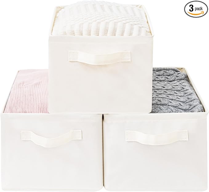Storage Basket Bins with Metal Frame, Large Collapsible Fabric Storage Baskets for Organizing Shelf, Basket Organizer W/Handles for Blankets, Towels, Laundry, Shelves, 3-Pack, Beige