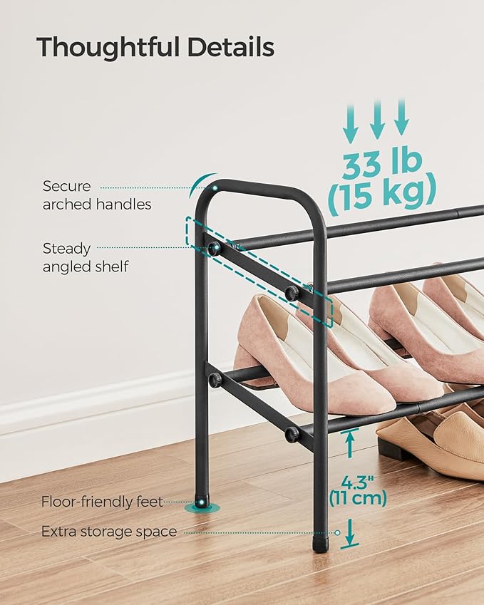SONGMICS Expandable Shoe Rack, 2 Tier Shoe Rack Shelf, Adjustable Shoe Organizer Storage for 15 Pairs of Shoes, Metal Free Standing Shoe Racks for Closet, Front Door Entryway, Easy Assembly, Ink Black