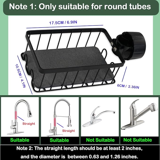 Sponge Holder for Kitchen Sink Sponge Holder Over Faucet - Stainless Steel Sink Caddy Organizer with Quick Stone Drying Mat (Black)