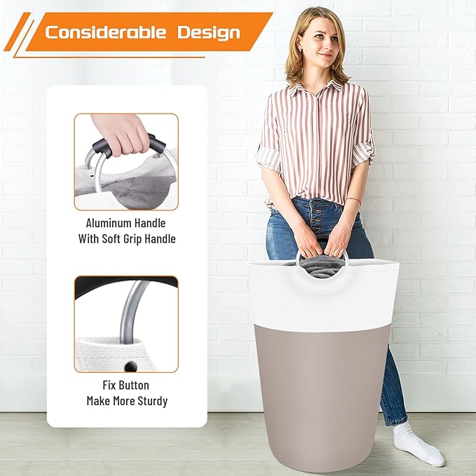 BlissTotes 75L Laundry Basket, Freestanding Laundry Hamper, Collapsible Dirty Clothes Hamper, Waterproof Fabric with Foam Protected Aluminum Handles for College, Dorm, Family (Brown)