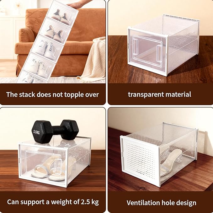 Shoe Storage Boxes, Stack Without Toppling Modular storage boxes combine freely for use in closets, under beds, hallways, and entryways. Space-saving. (Transparent, 6 Pack)