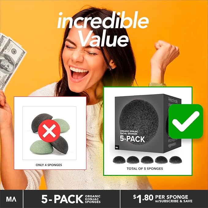 Minamul Konjac Exfoliating Organic Facial Sponge Set, Gentle daily face scrub/skincare, best bamboo activated charcoal, Safe for Oily, Dry, Combination or Sensitive skin, Makeup Remover, 5 pack