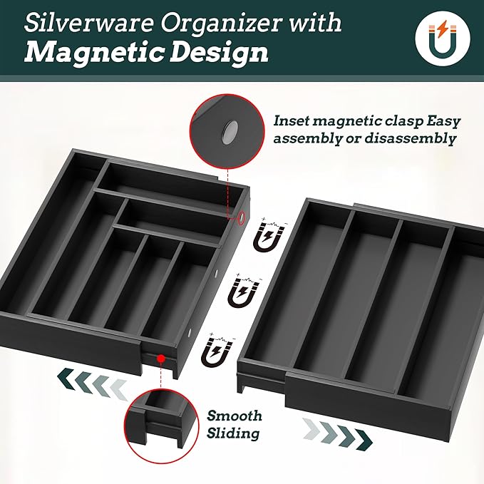 Silverware Organizer Large, Magnetic Connected Expandable 11 Slots Silverware Drawer Organizer from 21 to 37.4 Inches, Adjustable Flatware and Cutlery Holder, Bamboo Utensil Tray for Kitchen Black