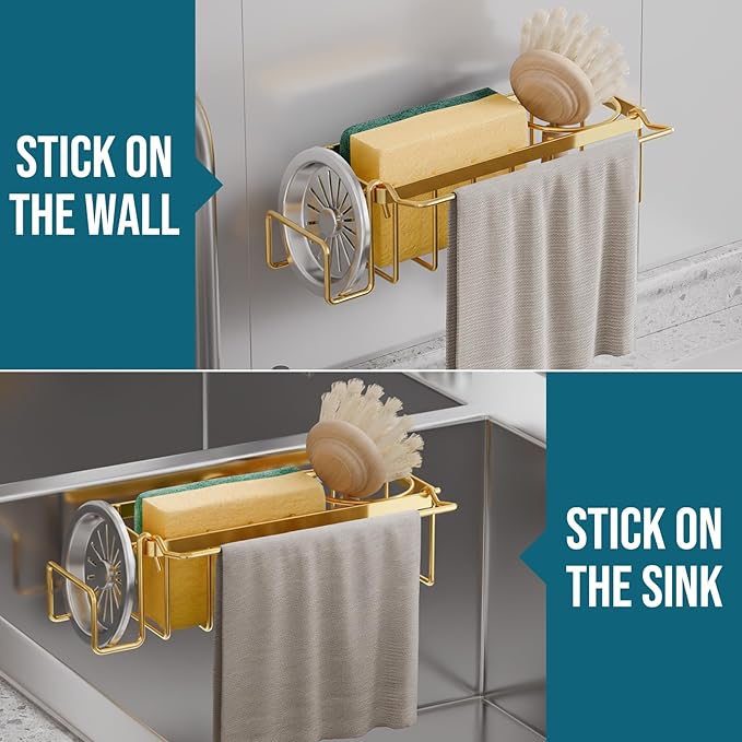 TAILI Sponge Holder with Strong Suction Cup, 4-in-1 Rustproof Sink Organizer - Sink Caddy Holds Sponges, Brushes, Stoppers & Scrapers -Gold