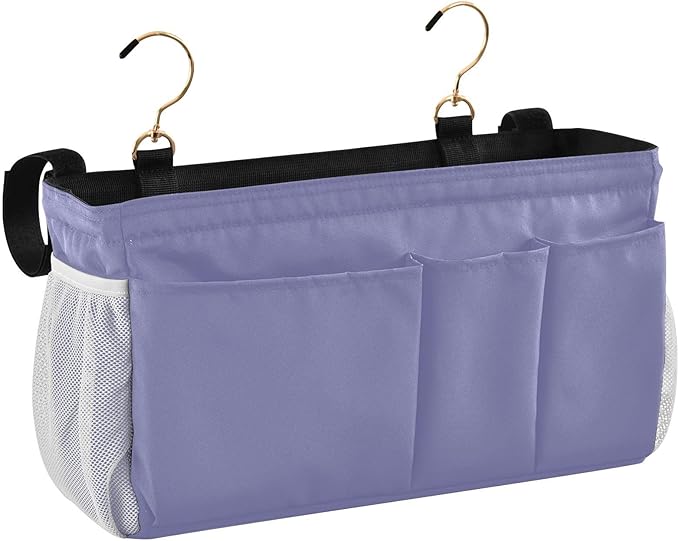 KOPIRIT Purple Bedside Caddy Storage Bag Bedside Organizer for College Dorm Top Bunk Bed Hanging Storage Organizer 6 Pockets with Hooks for Book Glasses Phone Holder
