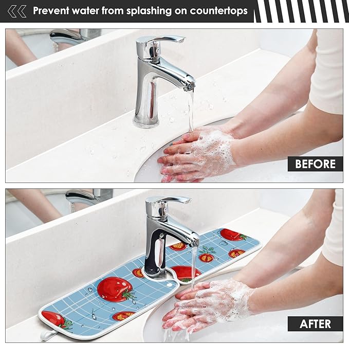 Sink Faucet Absorbing Mat Kitchen Sink Splash Guard Splash Faucet Drip Catcher for Bar RV Bathroom 2PCS 14.9x5.5in Green Grid Cute Tomato